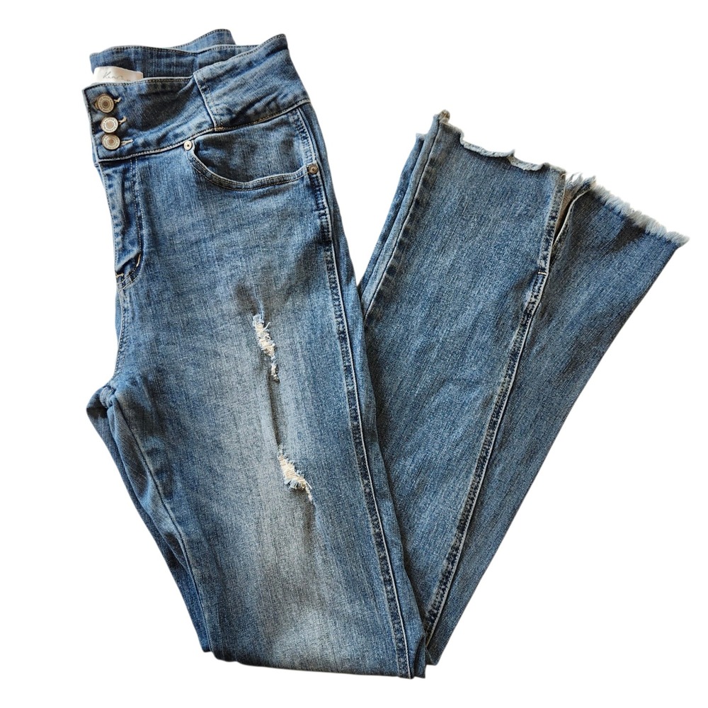 KanCan Miranda High Rise Flare Jeans Medium Denim Distressed Raw Hem 11 / 29